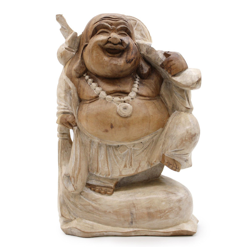 Statue de Bouddha sculptée à la main - 30 cm Bring Wood - Blanchi à la chaux
