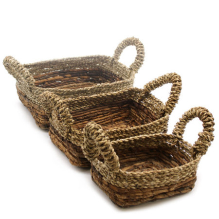 Panier carré en feuille de bananier et jonc de mer - Lot de 3