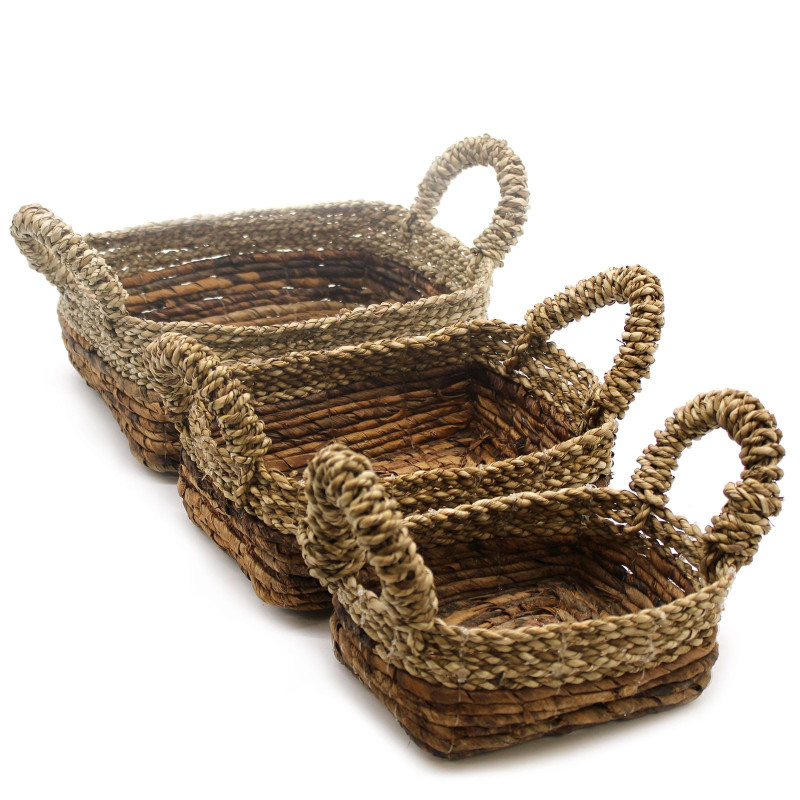 Panier carré en feuille de bananier et jonc de mer - Lot de 3