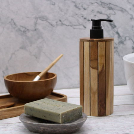 Distributeur de savon rond en teck naturel
