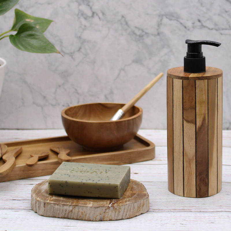 Distributeur de savon rond en teck naturel