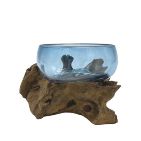 Mini bol bleu en verre Molton sur bois
