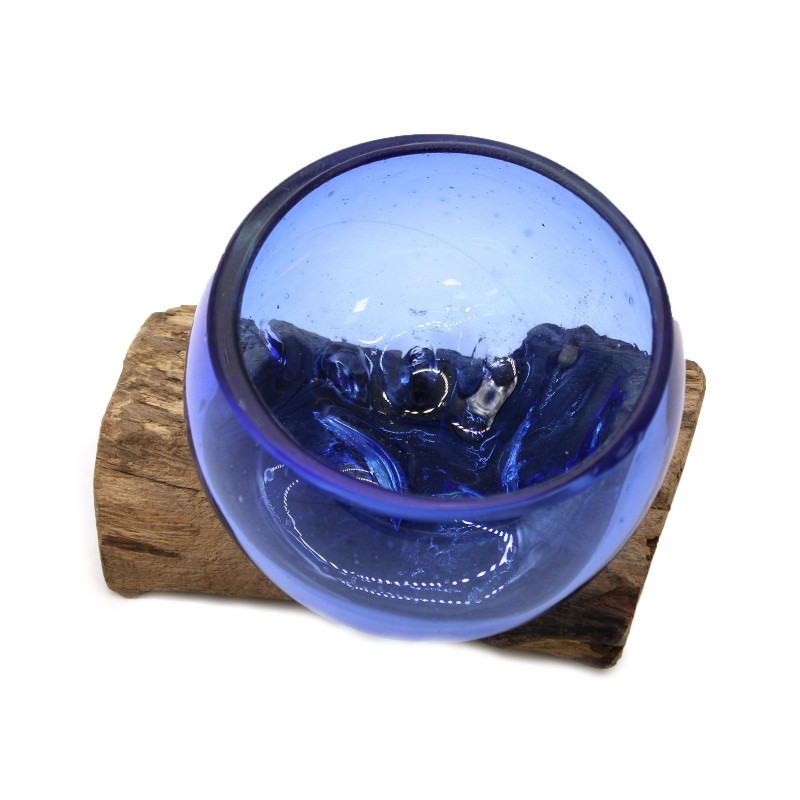 Mini bol bleu en verre Molton sur bois