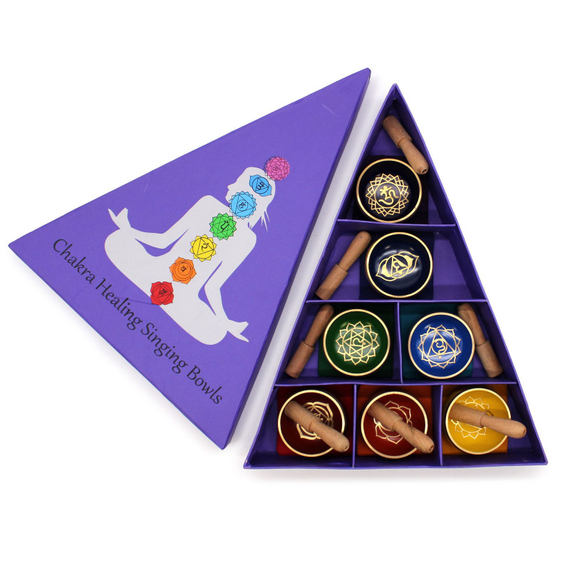 Coffret cadeau de bols chantants pyramidaux Chakra