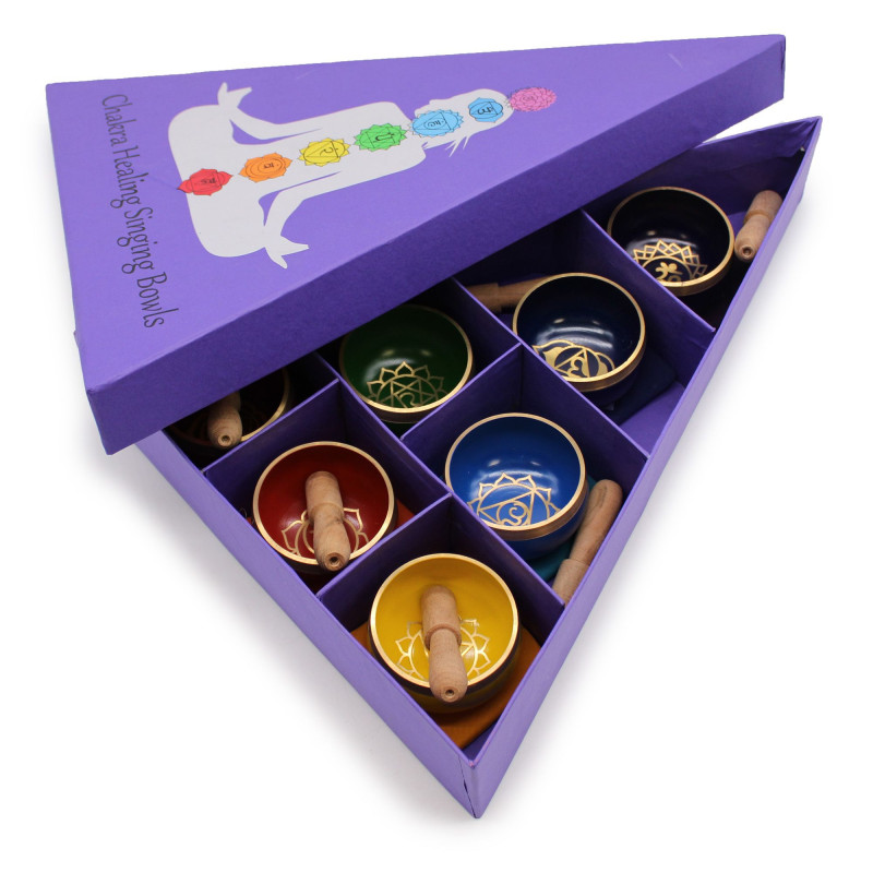 Coffret cadeau de bols chantants pyramidaux Chakra