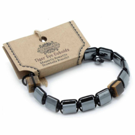 Bracelet Shamballa magnétique en hématite - Cuboïdes œil de tigre