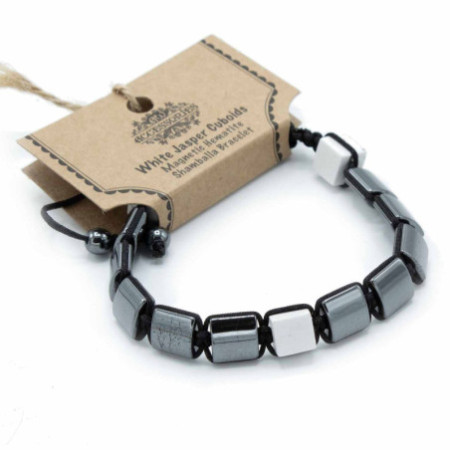 Bracelet Shamballa magnétique en hématite - Cuboïdes en jaspe blanc
