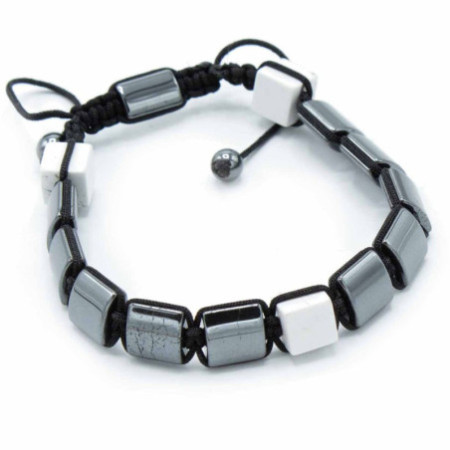 Bracelet Shamballa magnétique en hématite - Cuboïdes en jaspe blanc