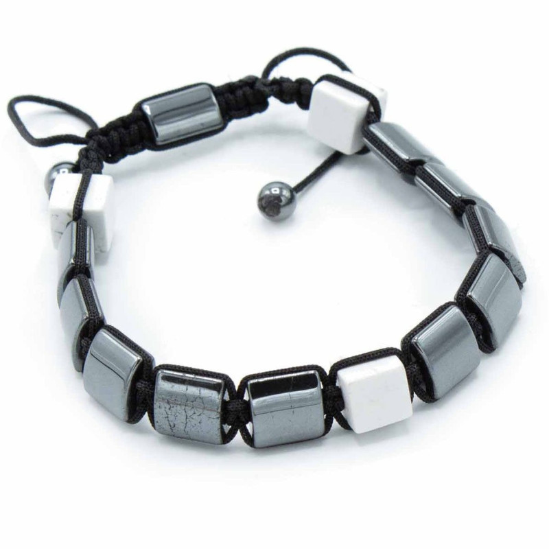 Bracelet Shamballa magnétique en hématite - Cuboïdes en jaspe blanc