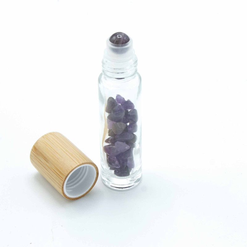 Flacon roller 5 ml en pierre Améthyste - bouchon bois