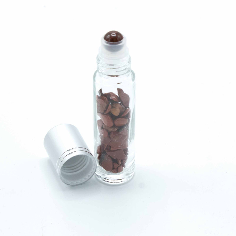 Flacon roller 5 ml en pierre Jaspe rouge - bouchon argenté