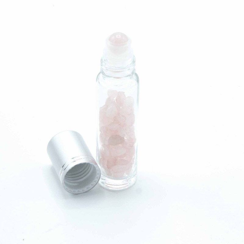Flacon roller 5 ml en pierre Quartz rose - bouchon argenté