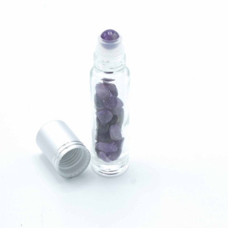Flacon roller 5 ml en pierre Améthyste - bouchon argenté