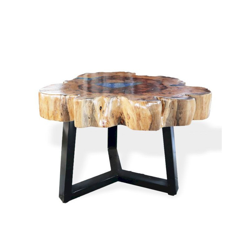 Table basse en tamarin et résine - Bleu ciel