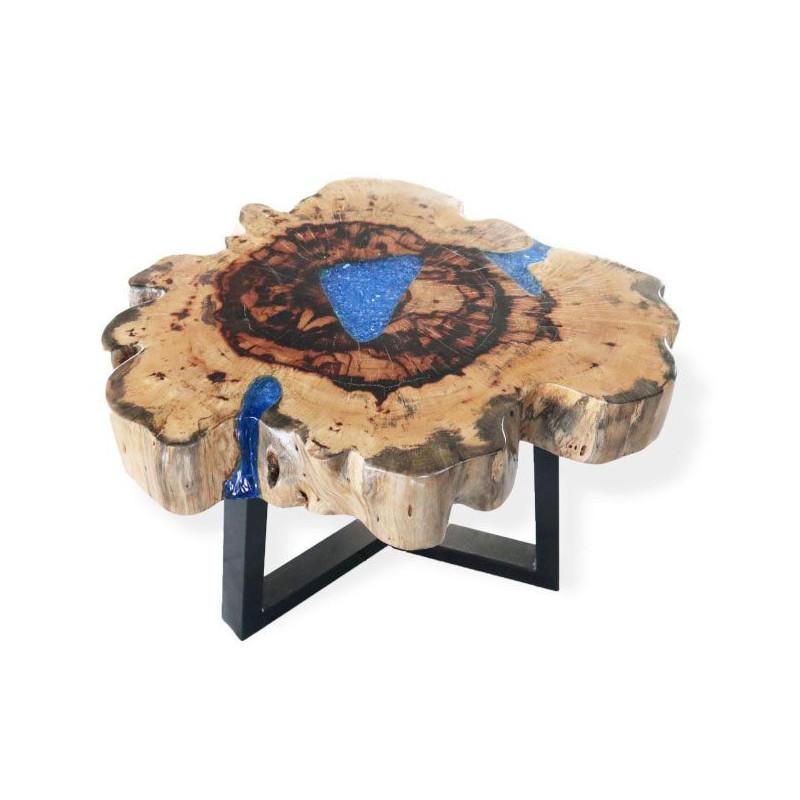 Table basse en tamarin et résine - Bleu ciel