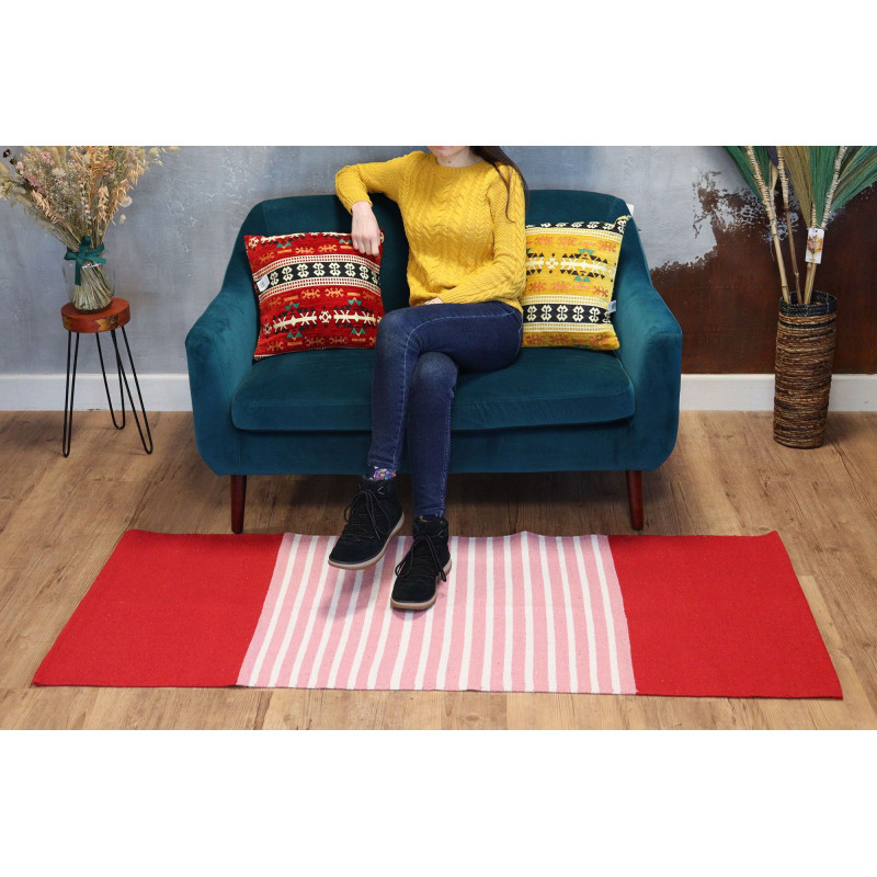 Tapis indien en coton - 70x170cm - Rouge/Rose