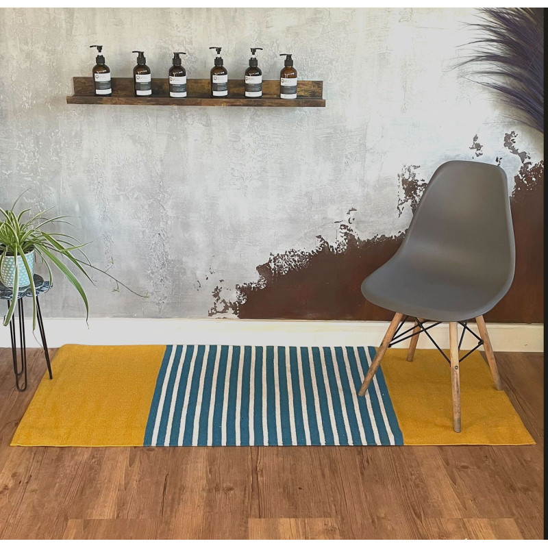 Tapis indien en coton - 70x170cm - Jaune/Bleu