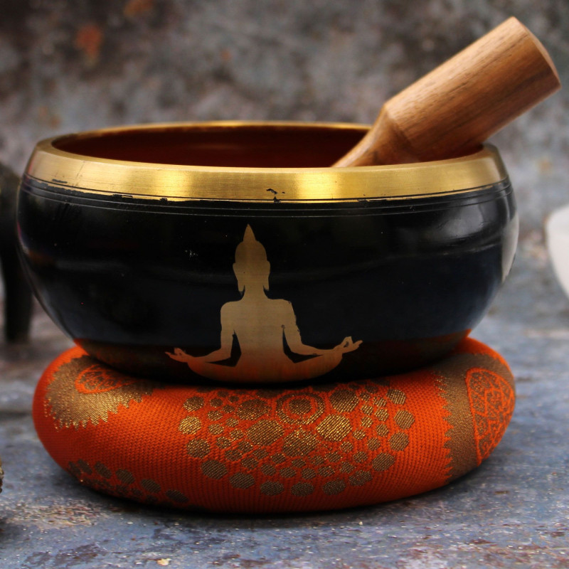 Grand ensemble de bols chantants Bouddha - Noir/Orange 14 cm