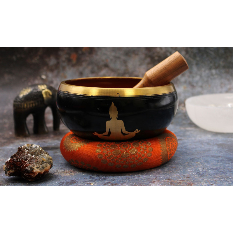Grand ensemble de bols chantants Bouddha - Noir/Orange 14 cm