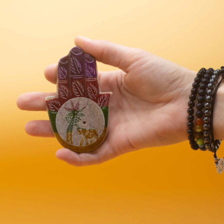 Porte-encens Hamsa en stéatite 9 x 6 cm - Éléphant et palmier