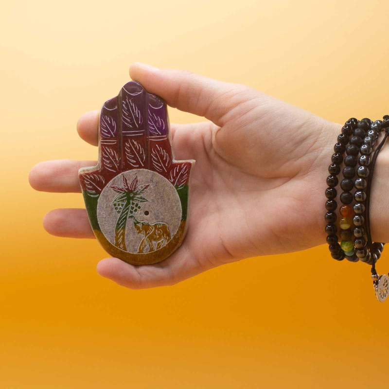Porte-encens Hamsa en stéatite 9 x 6 cm - Éléphant et palmier