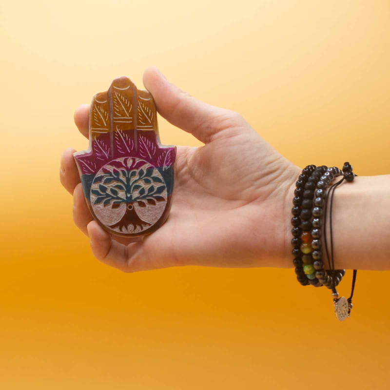 Porte-encens Hamsa en stéatite 9x6cm - Arbre de vie