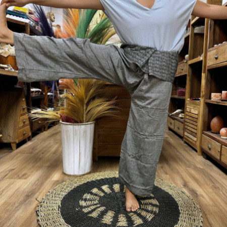 Pantalon de yoga et de festival - Mantra mandala pêcheur thaïlandais sur fond gris