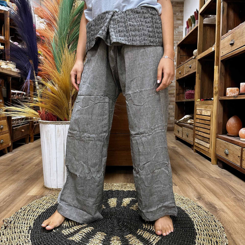Pantalon de yoga et de festival - Mantra mandala pêcheur thaïlandais sur fond gris