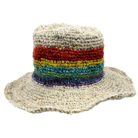 Chapeau bohème de festival tricoté à la main en chanvre et coton - Arc-en-ciel