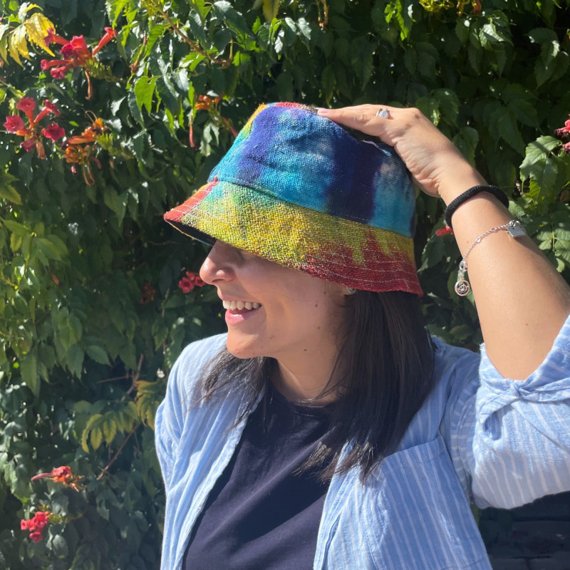 Chapeau de festival bohème en chanvre et coton rapiécés - Tiedye