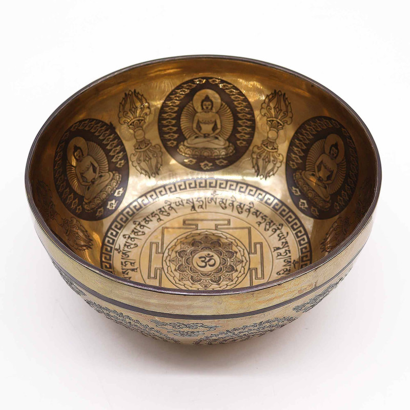 Bol de guérison tibétain gravé - 21 cm - Om et Bouddha