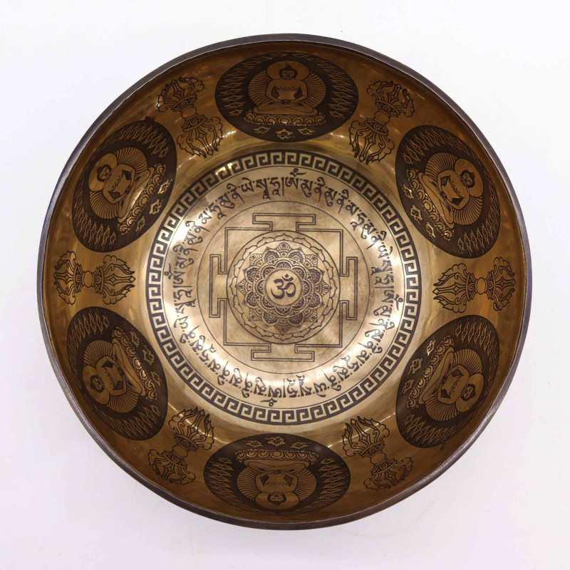 Bol de guérison tibétain gravé - 21 cm - Om et Bouddha