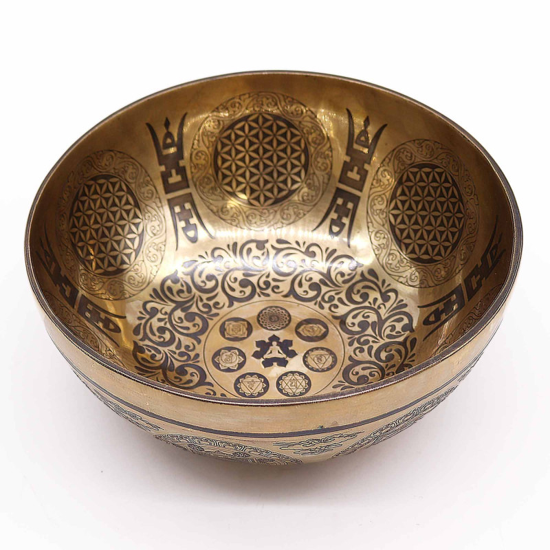 Bol de guérison tibétain gravé - 21 cm - 7 chakras et fleur de vie