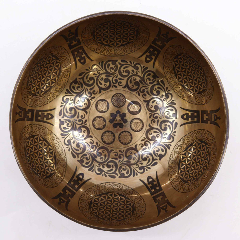Bol de guérison tibétain gravé - 21 cm - 7 chakras et fleur de vie