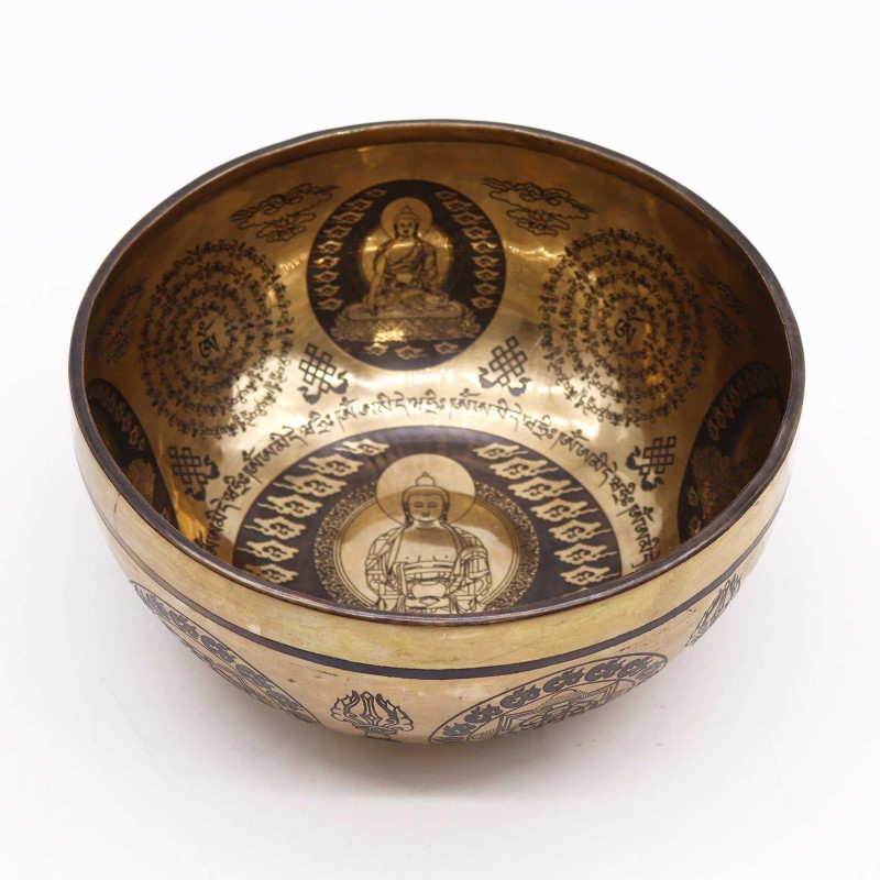 Bol de guérison tibétain gravé - 21 cm - 5 Bouddhas