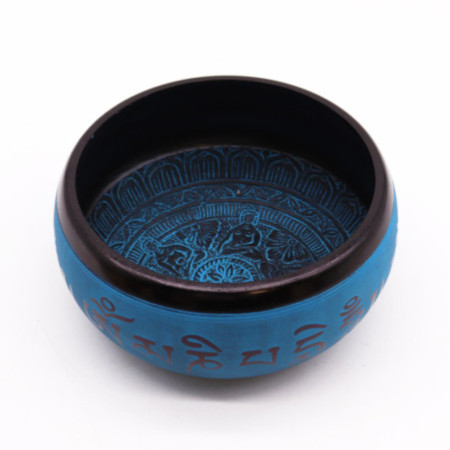 Bol chantant en poudre de terre - Mantra bleu Cinq Bouddhas - 16 cm