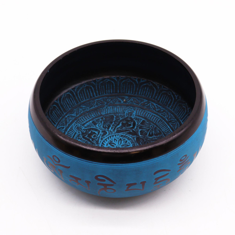 Bol chantant en poudre de terre - Mantra bleu Cinq Bouddhas - 16 cm