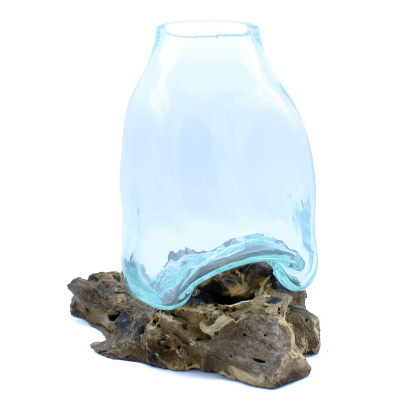Grand vase en verre fondu - Pot de terrarium sur bois