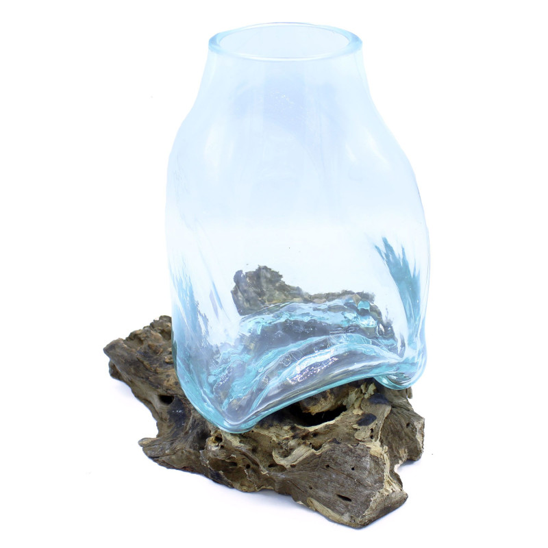 Grand vase en verre fondu - Pot de terrarium sur bois