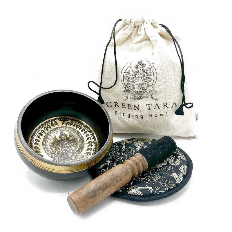 Coffret cadeau de bols chantants gravés et battus à la main - 14 cm - Tara verte
