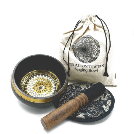 Coffret cadeau de bols chantants martelés et gravés à la main - 14 cm - Médaillons ronds