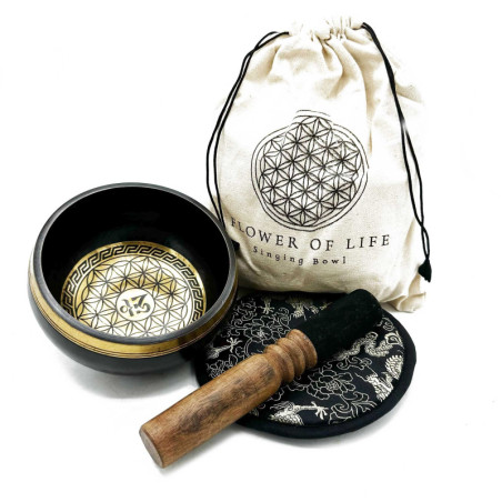 Coffret cadeau de bols chantants gravés et battus à la main - 14 cm - Fleur de vie
