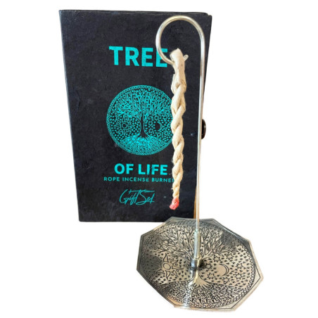 Ensemble porte-encens en corde et support plaqué argent - Arbre de vie