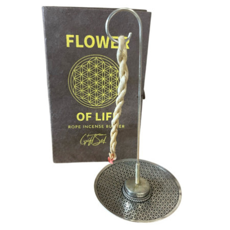 Ensemble porte-encens en corde et support plaqué argent - Fleur de vie