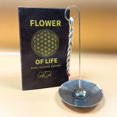 Ensemble porte-encens en corde et support plaqué argent - Fleur de vie