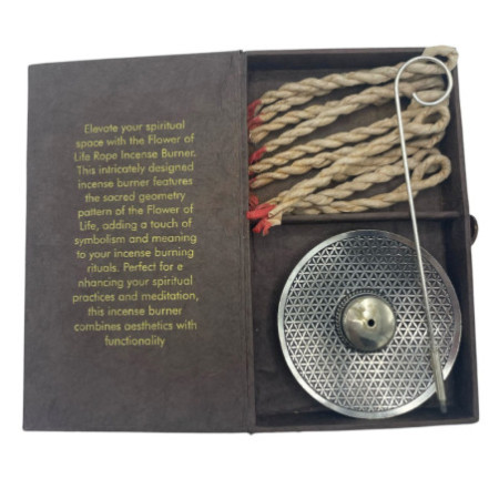 Ensemble porte-encens en corde et support plaqué argent - Fleur de vie
