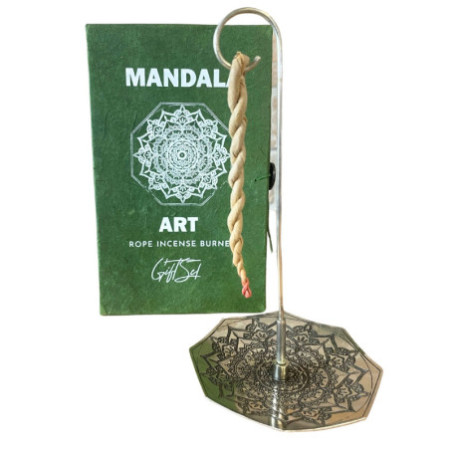 Ensemble porte-encens en corde et support plaqué argent - Fleur de mandala
