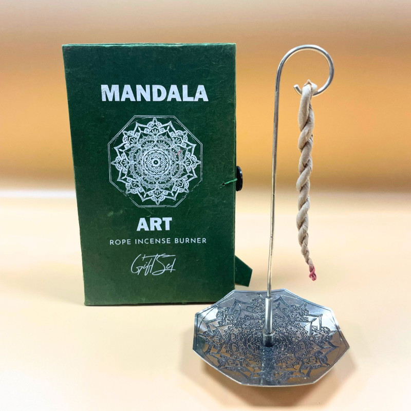 Ensemble porte-encens en corde et support plaqué argent - Fleur de mandala