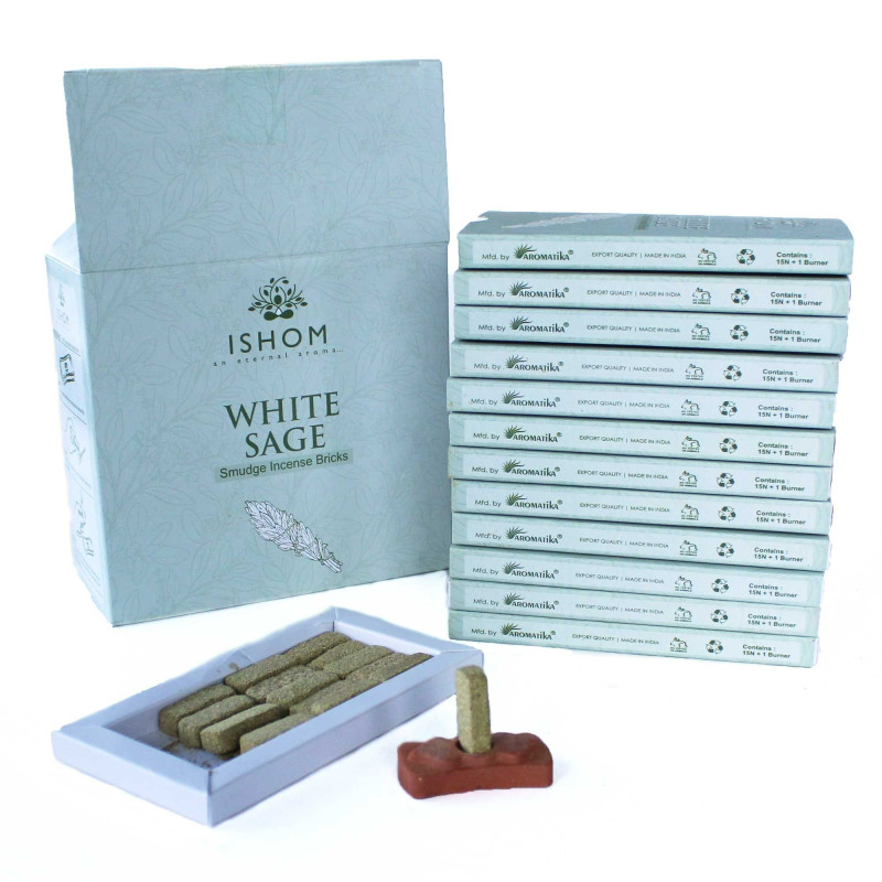Lot de 15 briques d'encens naturel et brûleur - Sauge blanche