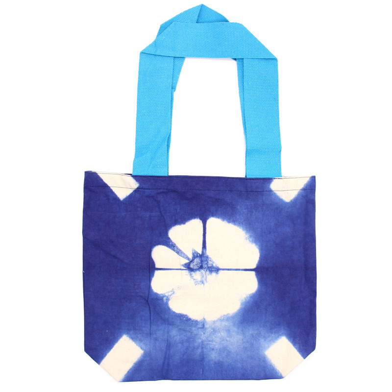 Sac en coton naturel teinté (227 g) - 38 x 42 x 12 cm - Fleur bleue - Poignée bleue
